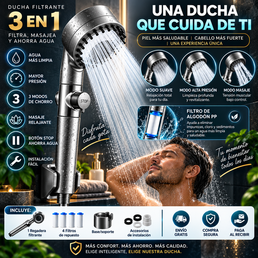 Ducha Filtrante 3 en 1 de Alta Presión | Filtra, Masajea y Ahorra Agua.